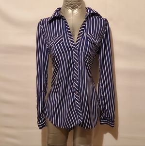 Navy Blue and White Stiped Button Up